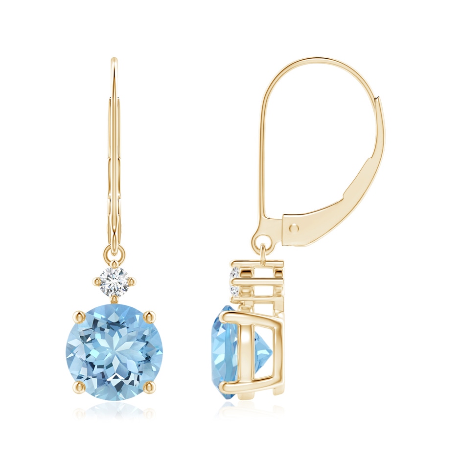 7mm AAAA Prong-Set Round Aquamarine Leverback Dangle Earrings with Diamond in Yellow Gold 