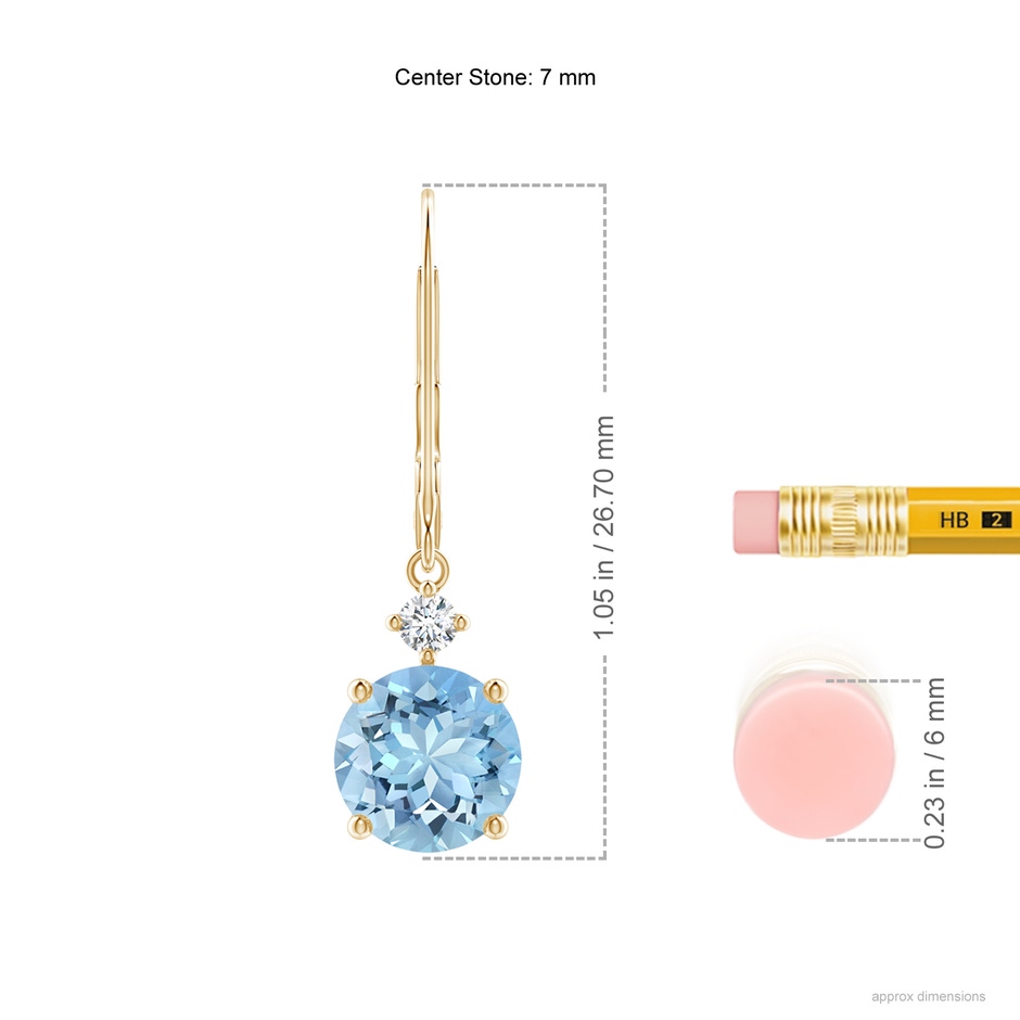 7mm AAAA Prong-Set Round Aquamarine Leverback Dangle Earrings with Diamond in Yellow Gold ruler