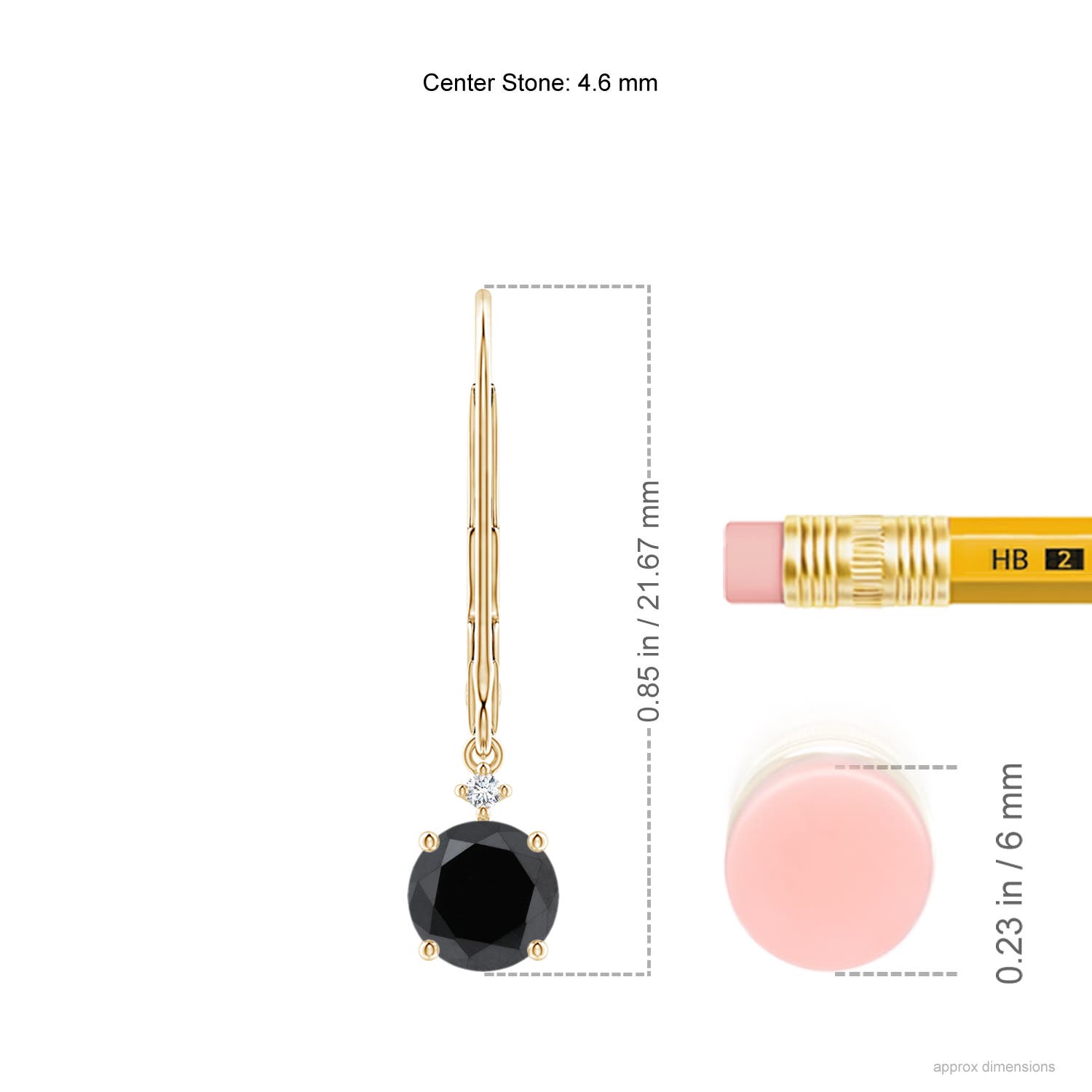 4.6mm AA Solitaire Black Diamond Dangle Earrings in Yellow Gold - ruler