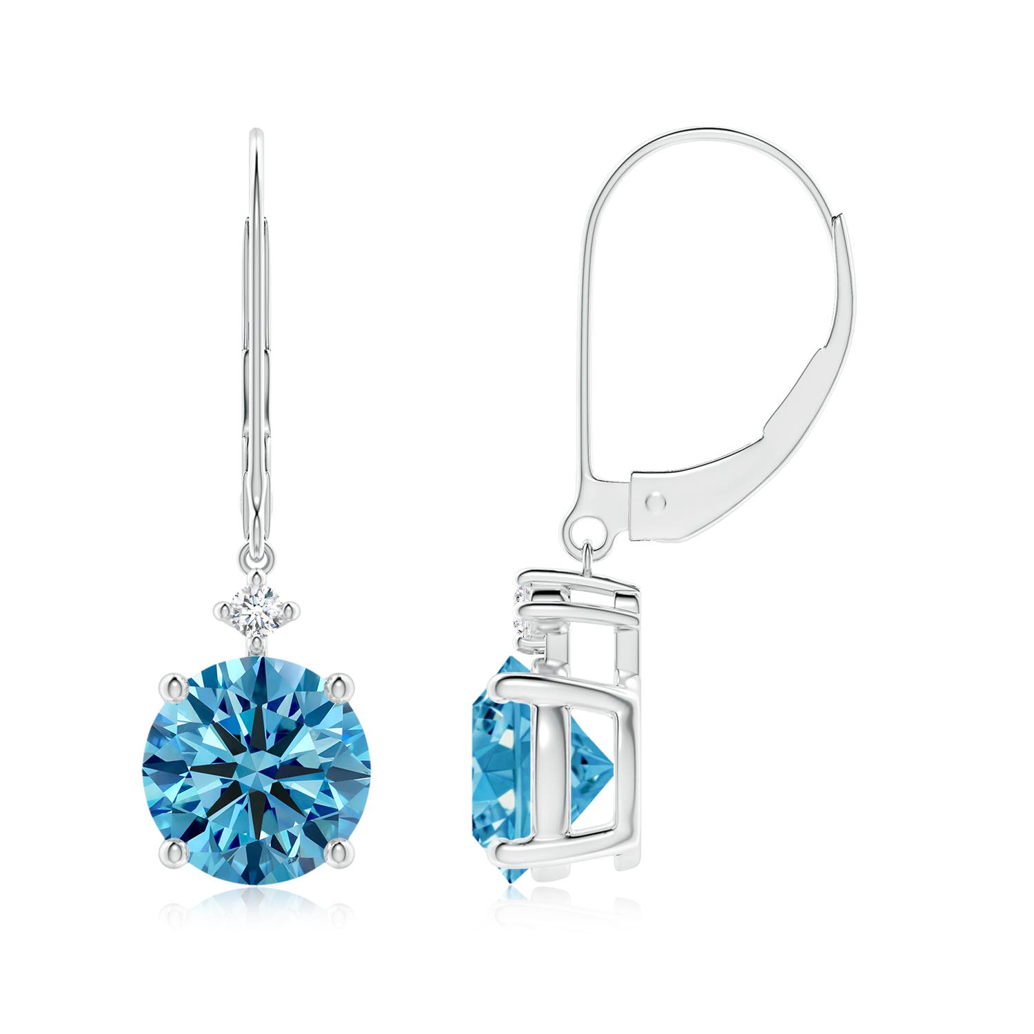 Angara 3.05 CTW Prong-Set Round Fancy Intense Blue Diamond Leverback Dangle Earrings in 18K White Gold