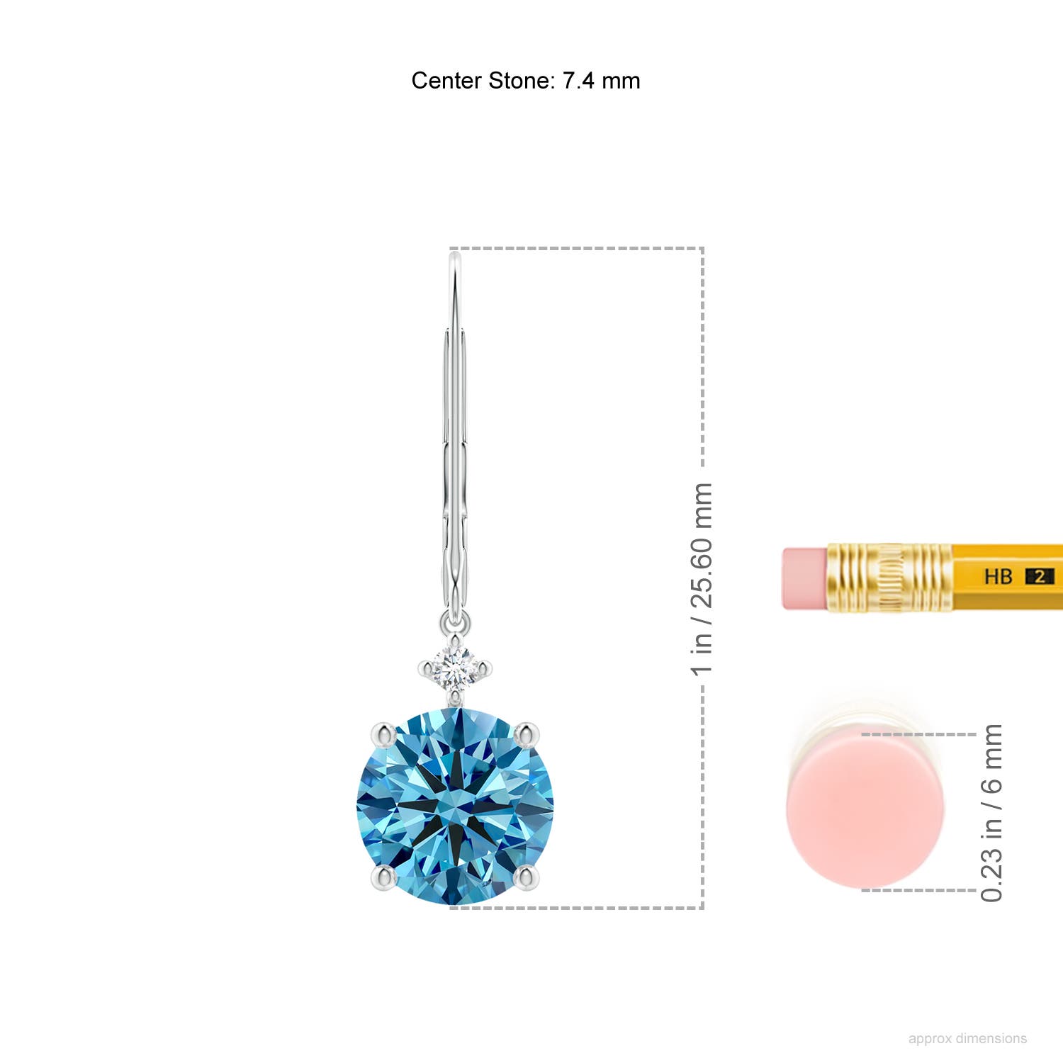 7.4mm AAAA Solitaire Fancy Intense Blue Diamond Dangle Earrings in White Gold - ruler