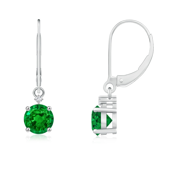 5mm AAAA Solitaire Emerald Dangle Earrings with Diamond in White Gold
