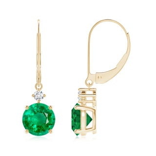7mm AAA Solitaire Emerald Dangle Earrings with Diamond in 10K Yellow Gold