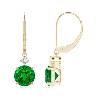 7mm AAAA Solitaire Emerald Dangle Earrings with Diamond in 9K Yellow Gold