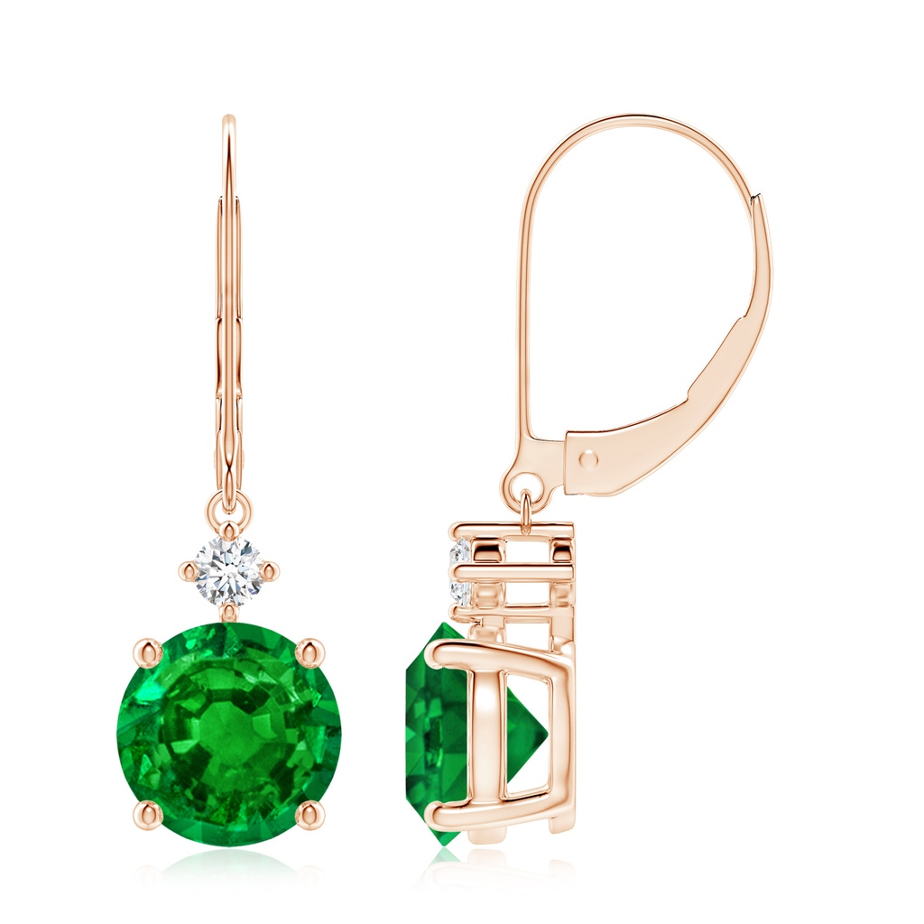 8mm AAAA Solitaire Emerald Dangle Earrings with Diamond in 10K Rose Gold