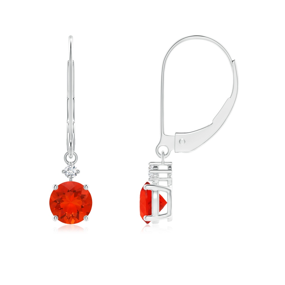 5mm AAAA Solitaire Fire Opal Dangle Earrings with Diamond in White Gold 