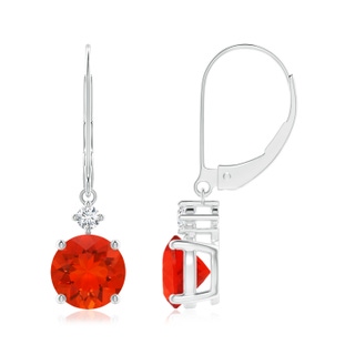 7mm AAAA Solitaire Fire Opal Dangle Earrings with Diamond in P950 Platinum