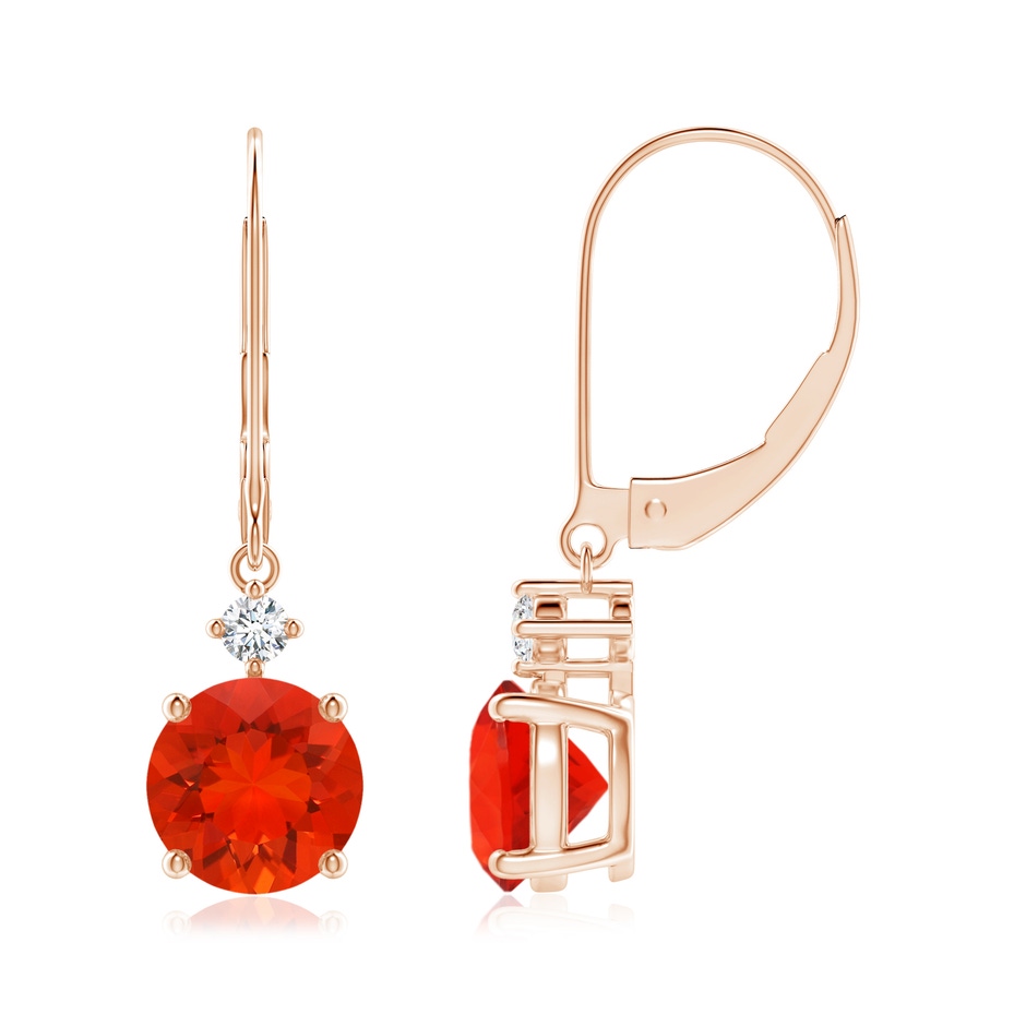 7mm AAAA Solitaire Fire Opal Dangle Earrings with Diamond in Rose Gold 