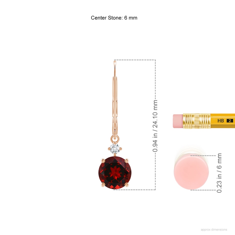 6mm AAAA Solitaire Garnet Dangle Earrings with Diamond in Rose Gold ruler