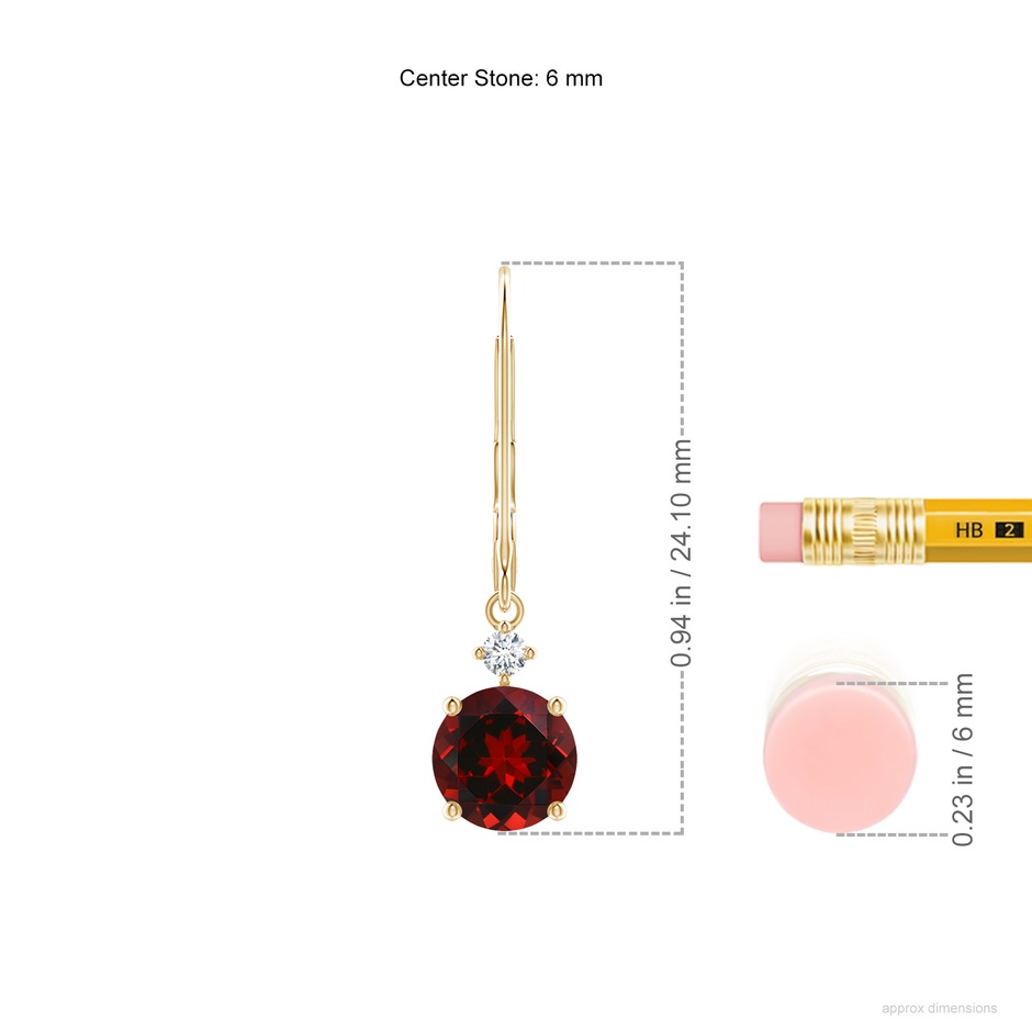 6mm AAAA Solitaire Garnet Dangle Earrings with Diamond in Yellow Gold ruler