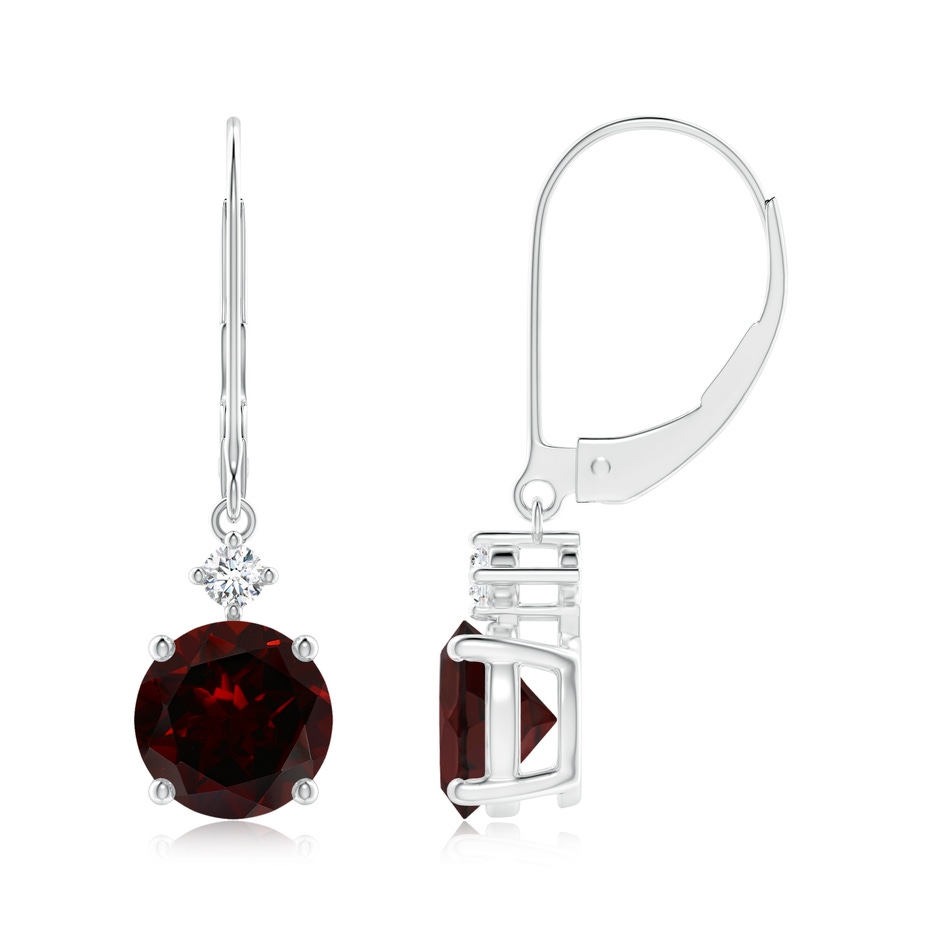 7mm A Solitaire Garnet Dangle Earrings with Diamond in White Gold 