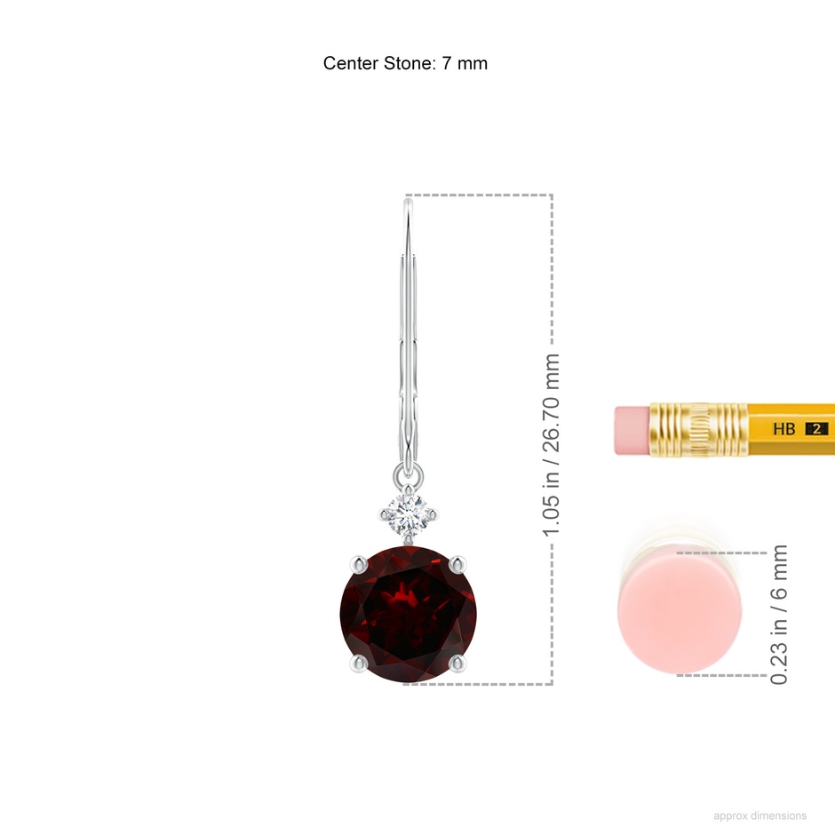 7mm A Solitaire Garnet Dangle Earrings with Diamond in White Gold ruler
