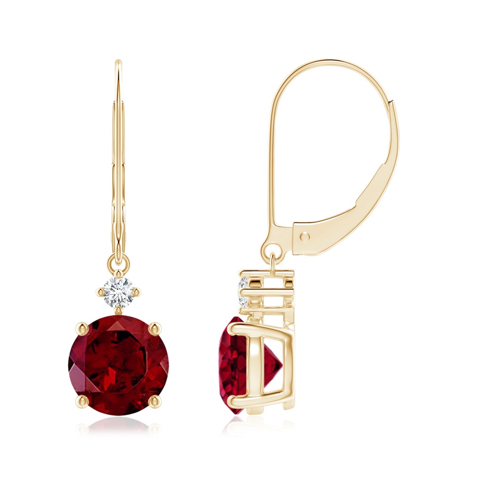 7mm AAA Solitaire Garnet Dangle Earrings with Diamond in Yellow Gold 