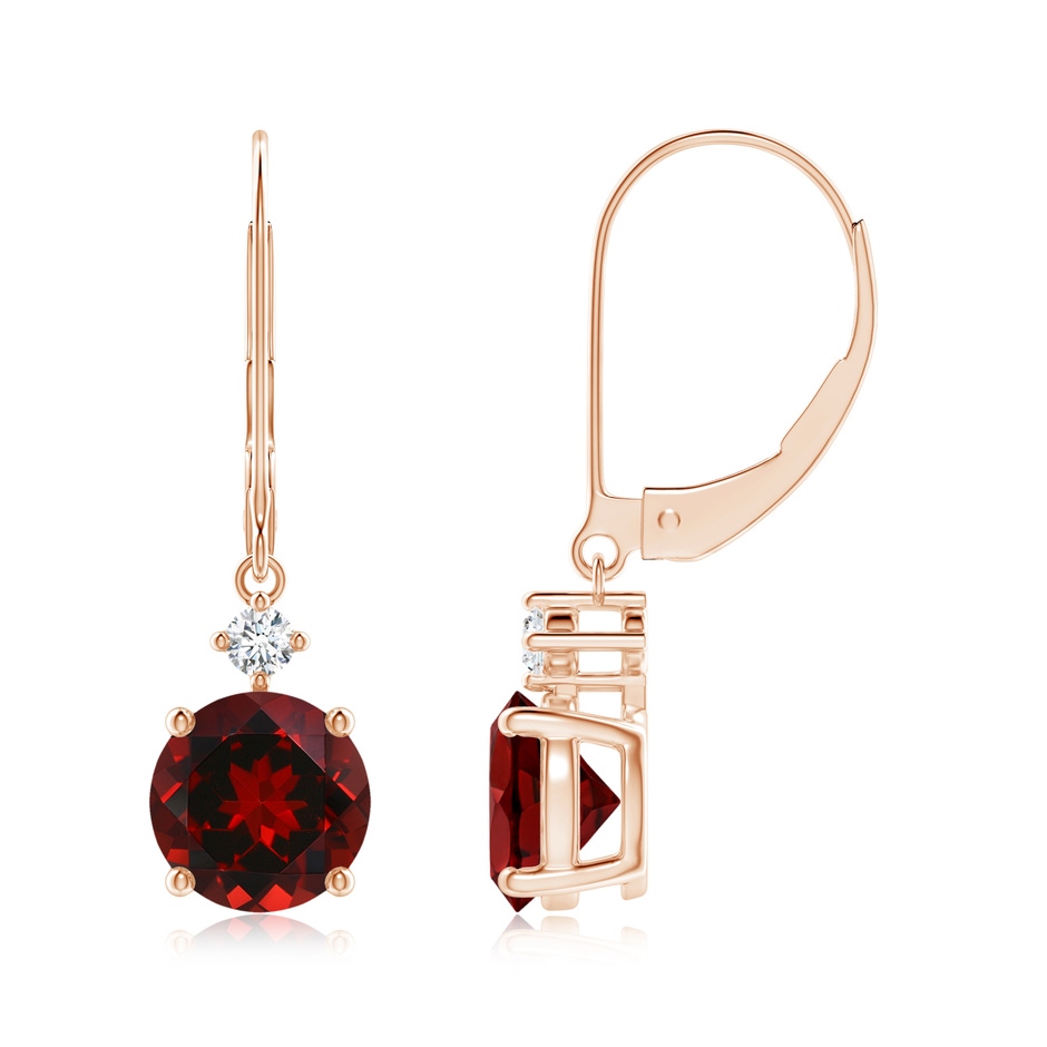 7mm AAAA Solitaire Garnet Dangle Earrings with Diamond in Rose Gold 