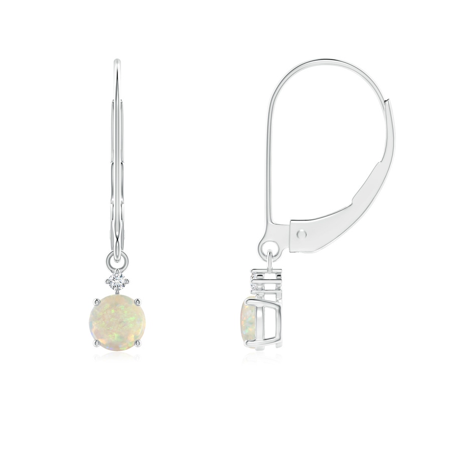 4mm AAA Prong-Set Round Opal Leverback Dangle Earrings with Diamond in 10K White Gold 