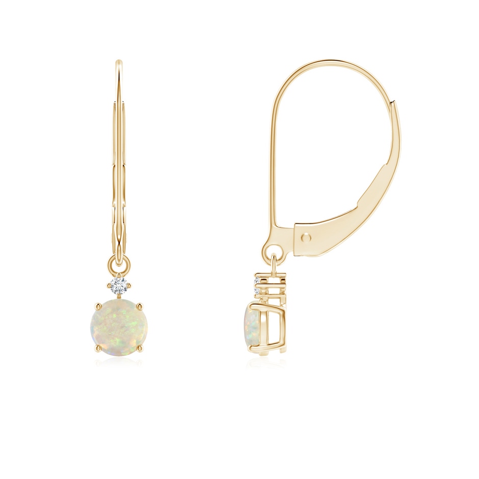 4mm AAA Solitaire Opal Dangle Earrings with Diamond in Yellow Gold 