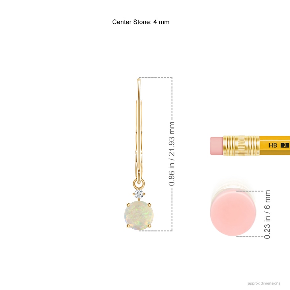 4mm AAA Prong-Set Round Opal Leverback Dangle Earrings with Diamond in Yellow Gold ruler