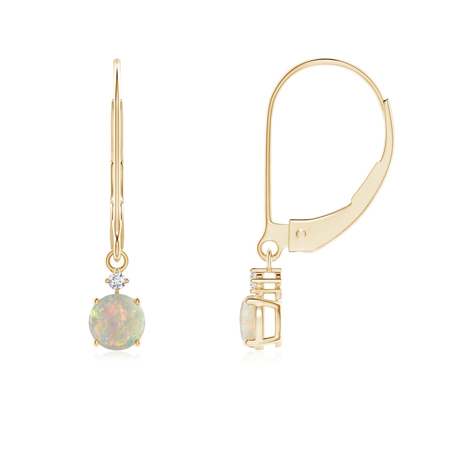 4mm AAAA Prong-Set Round Opal Leverback Dangle Earrings with Diamond in 10K Yellow Gold 