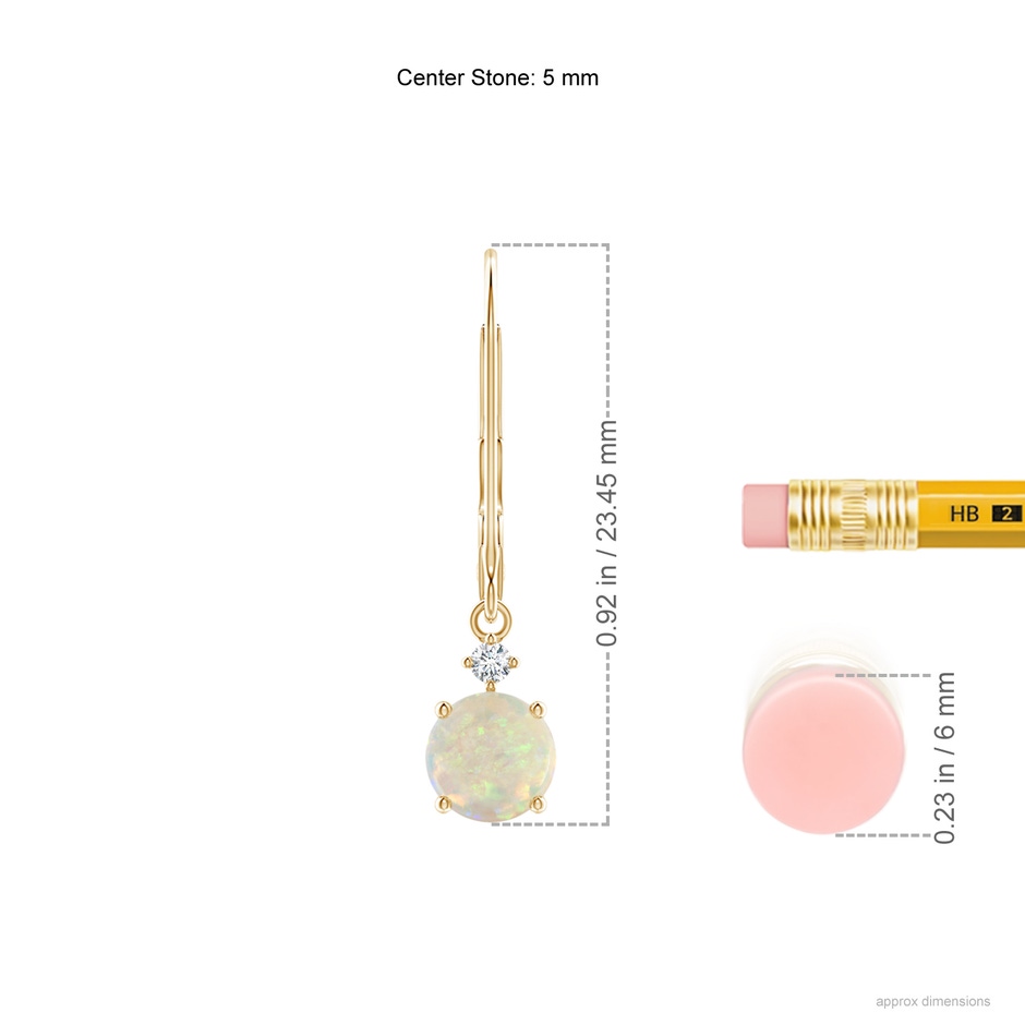 5mm AAA Solitaire Opal Dangle Earrings with Diamond in 10K Yellow Gold ruler