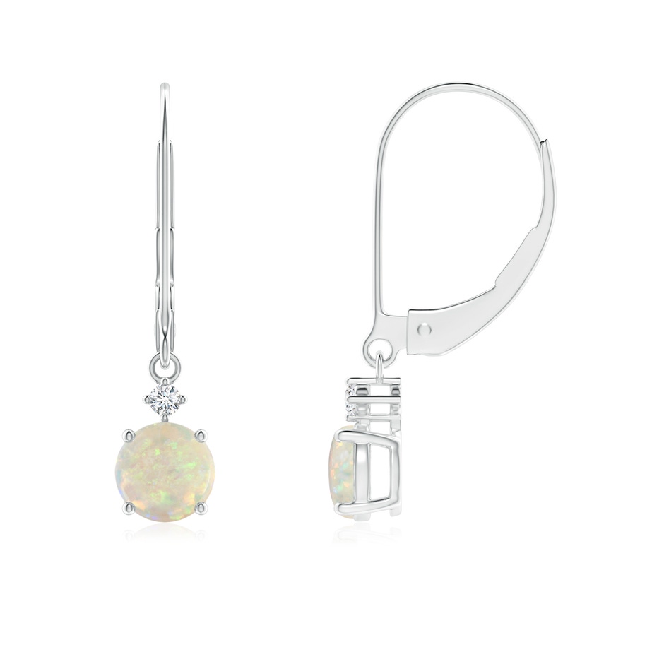 5mm AAA Prong-Set Round Opal Leverback Dangle Earrings with Diamond in White Gold 