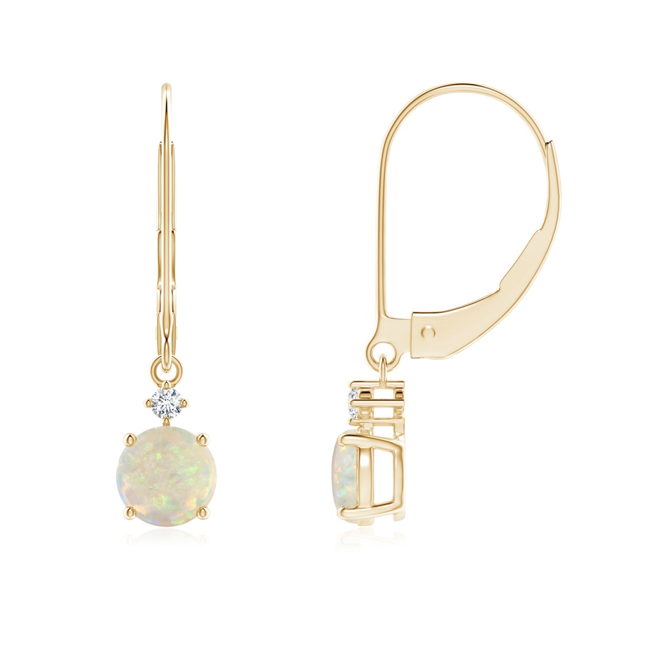 5mm AAA Solitaire Opal Dangle Earrings with Diamond in Yellow Gold 