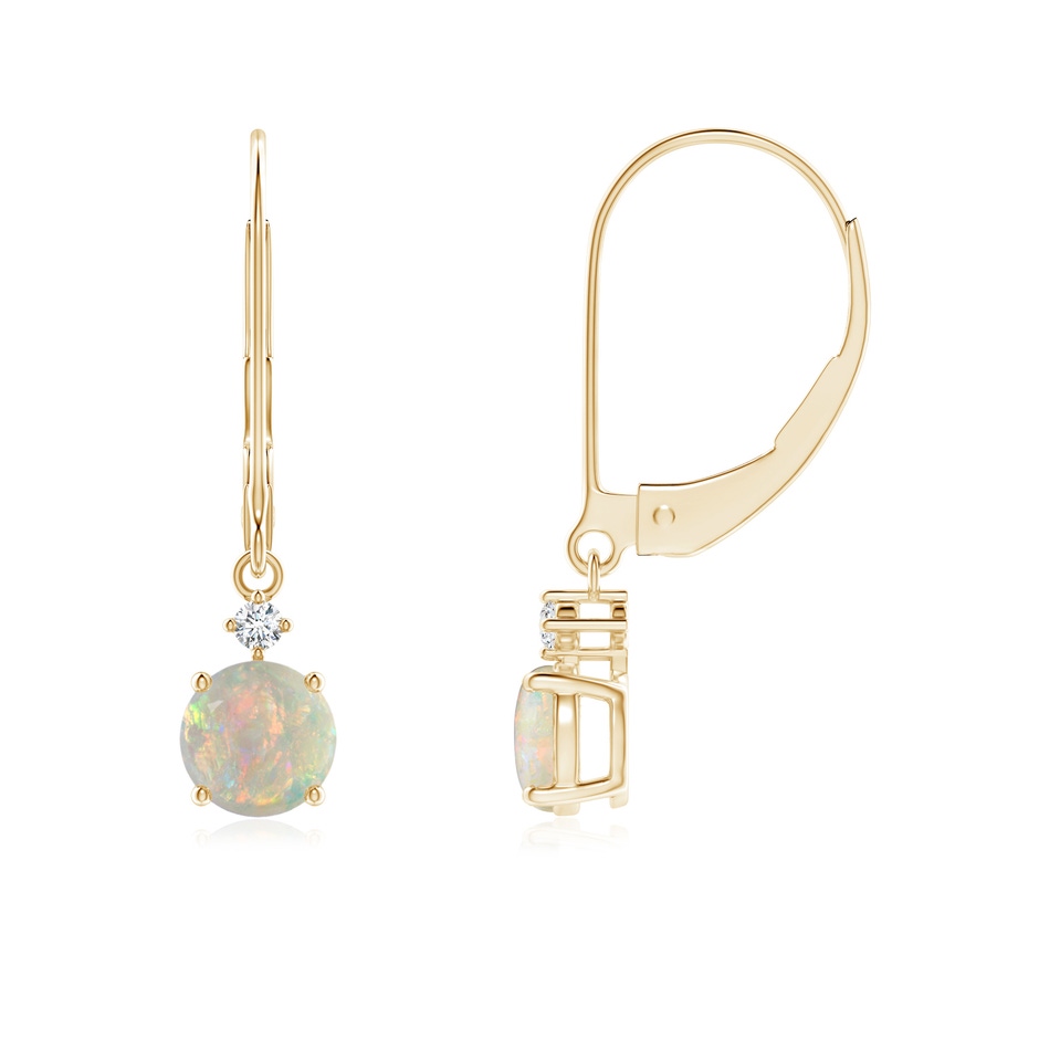 5mm AAAA Solitaire Opal Dangle Earrings with Diamond in Yellow Gold 