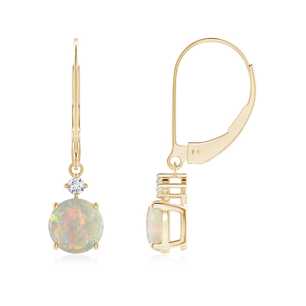 6mm AAAA Solitaire Opal Dangle Earrings with Diamond in 10K Yellow Gold