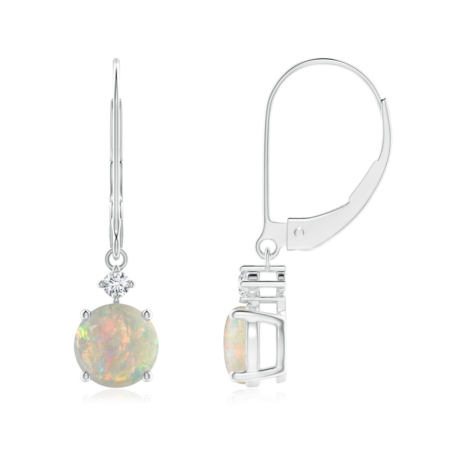 6mm AAAA Solitaire Opal Dangle Earrings with Diamond in White Gold 