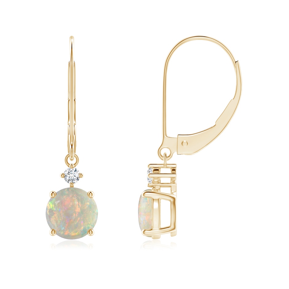 6mm AAAA Solitaire Opal Dangle Earrings with Diamond in Yellow Gold 