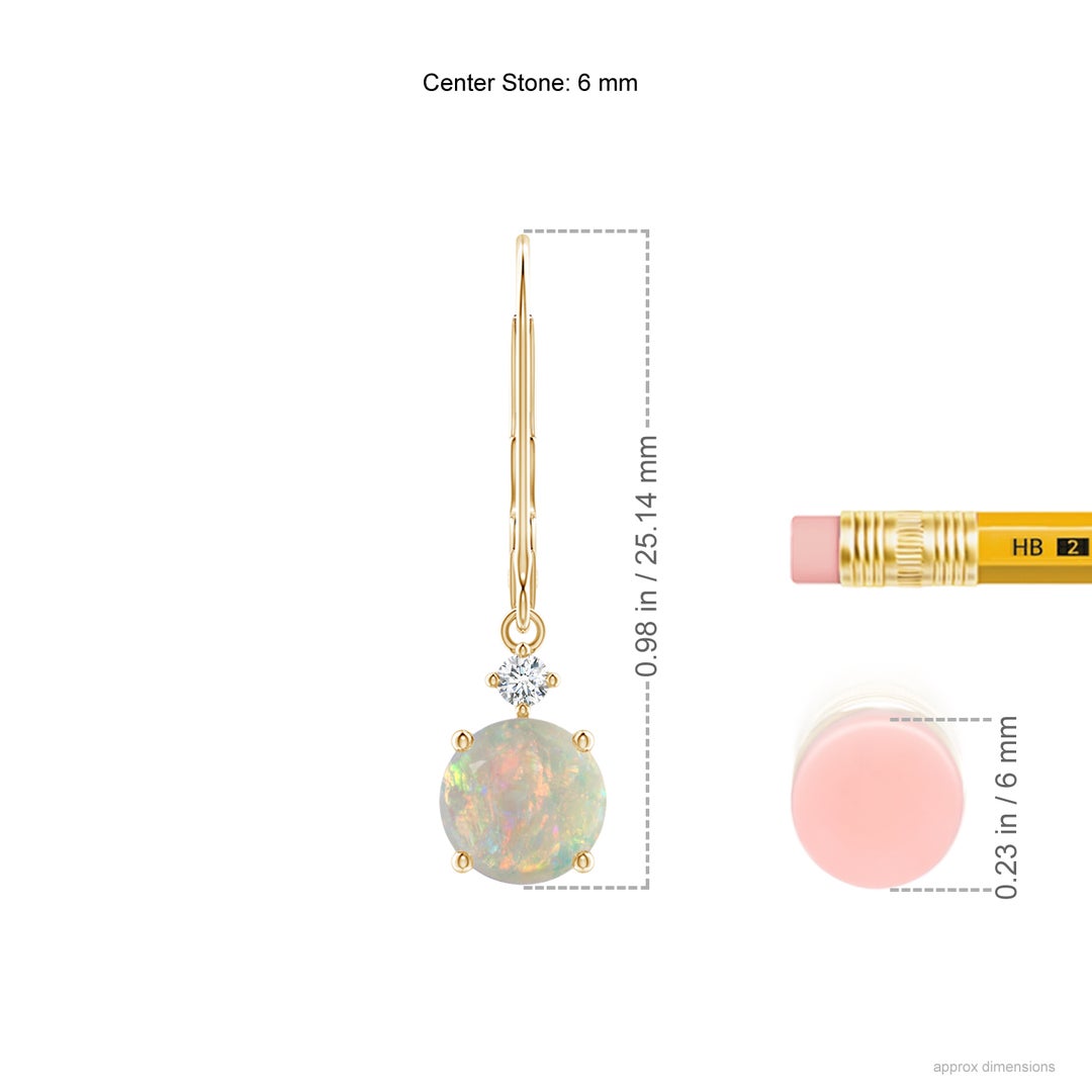 6mm AAAA Prong-Set Round Opal Leverback Dangle Earrings with Diamond in Yellow Gold - ruler