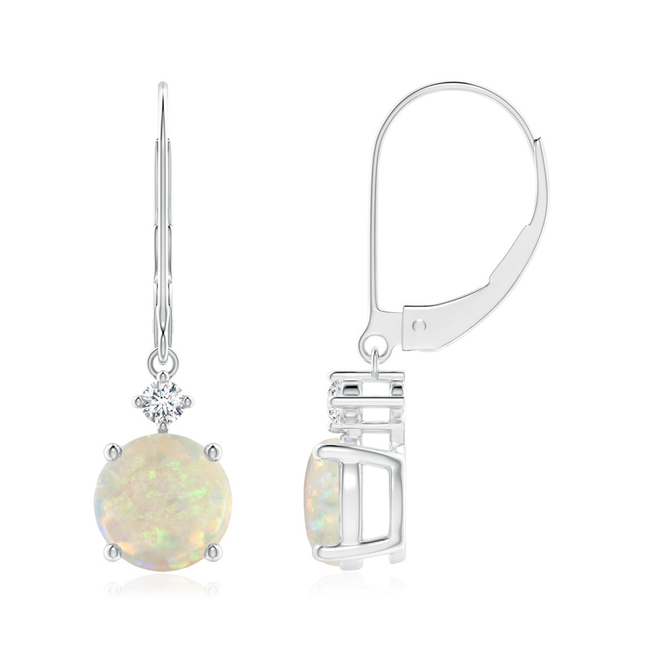 7mm AAA Prong-Set Round Opal Leverback Dangle Earrings with Diamond in White Gold 