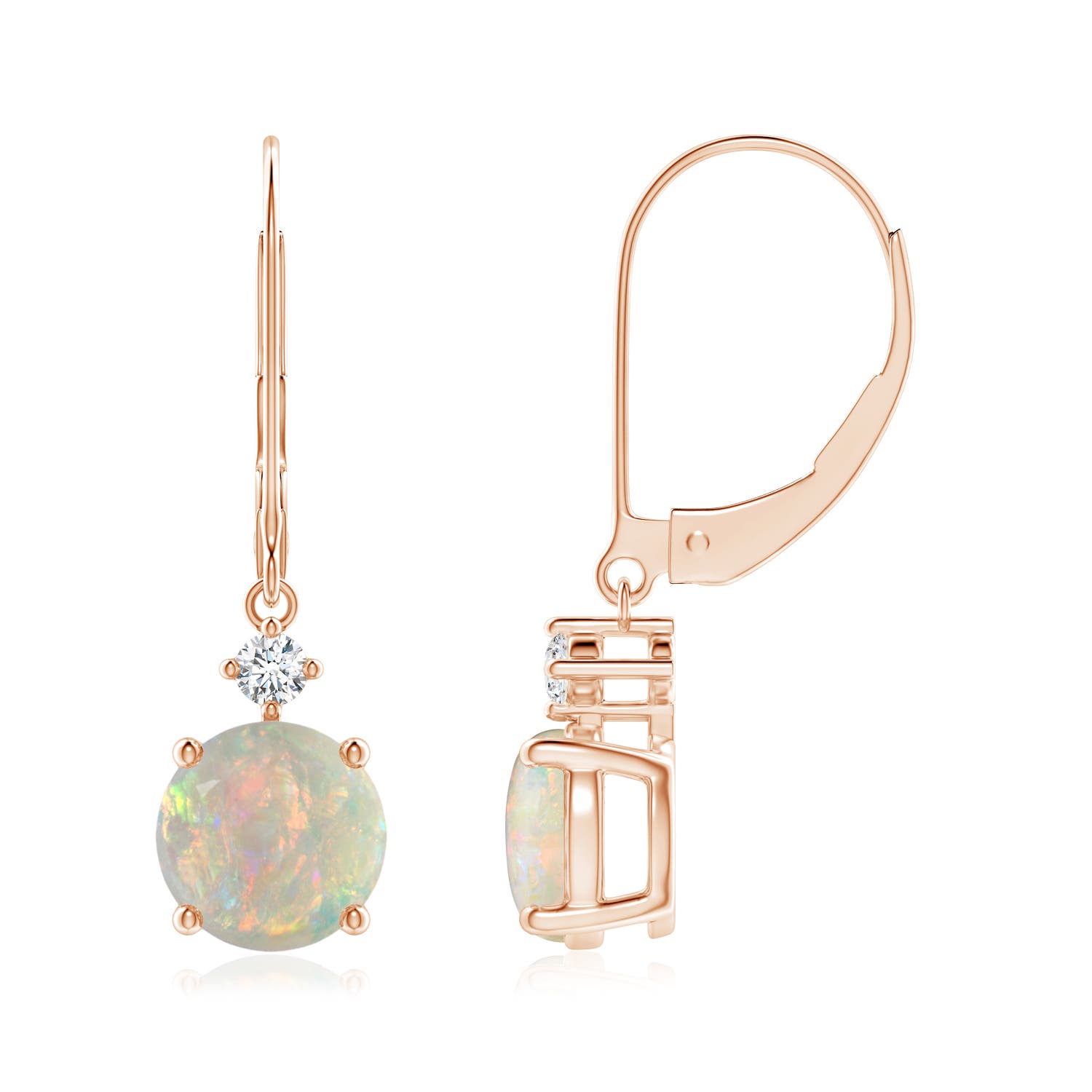 7mm AAAA Prong-Set Round Opal Leverback Dangle Earrings with Diamond in 18K Rose Gold