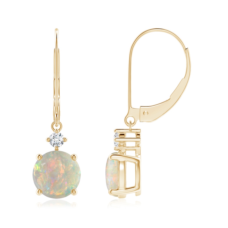 7mm AAAA Prong-Set Round Opal Leverback Dangle Earrings with Diamond in Yellow Gold 