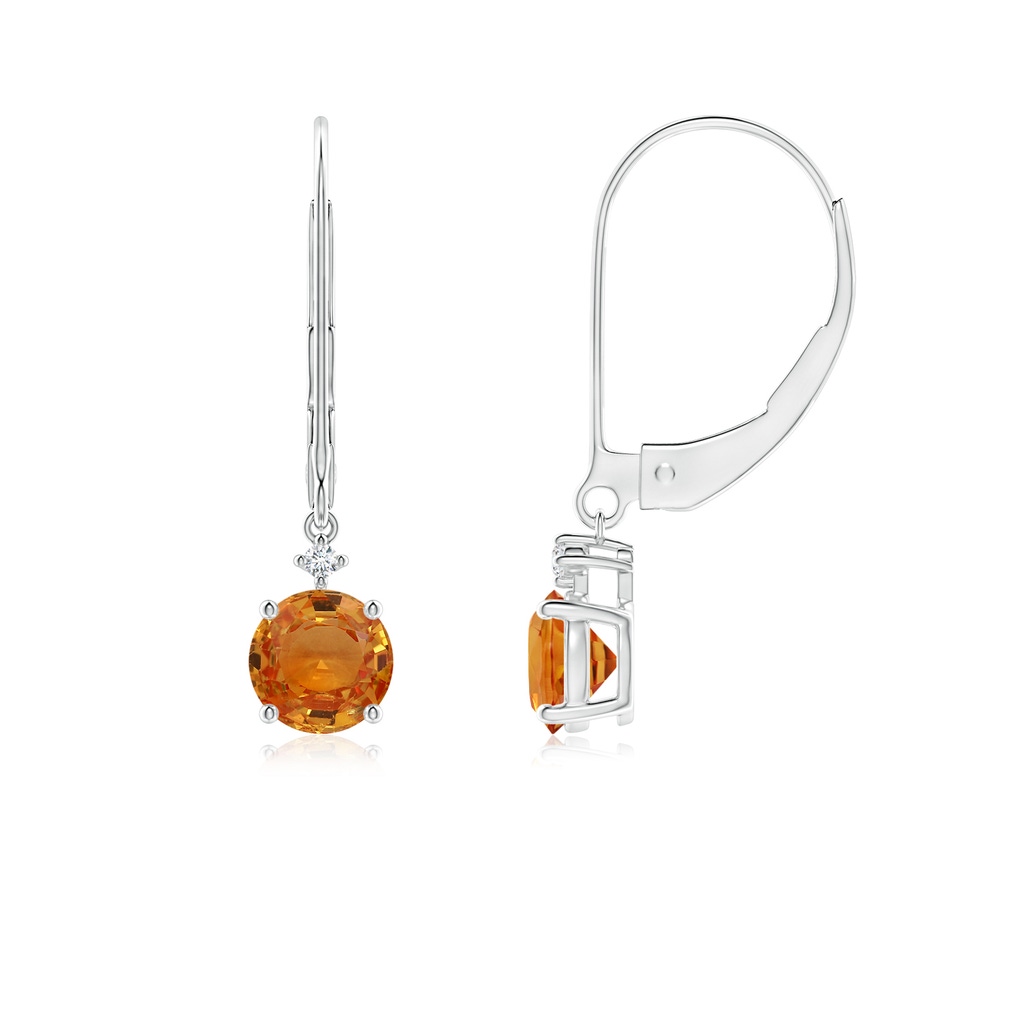 5mm AAA Solitaire Orange Sapphire Dangle Earrings with Diamond in White Gold