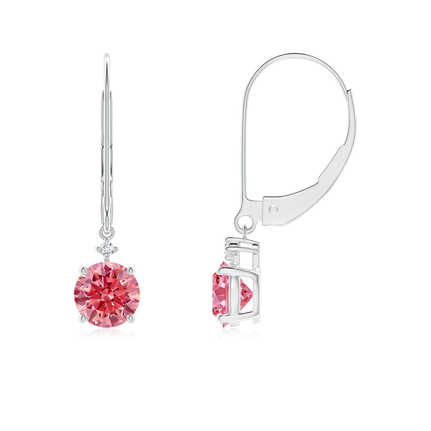 Angara 1.12 CTW Prong-Set Round Fancy Intense Pink Diamond Leverback Dangle Earrings in 14K White Gold