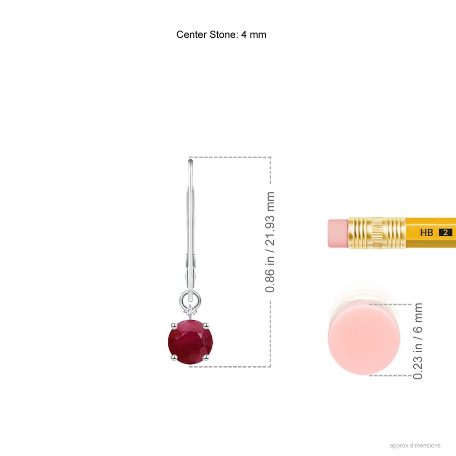 4mm A Solitaire Ruby Dangle Earrings with Diamond in White Gold ruler