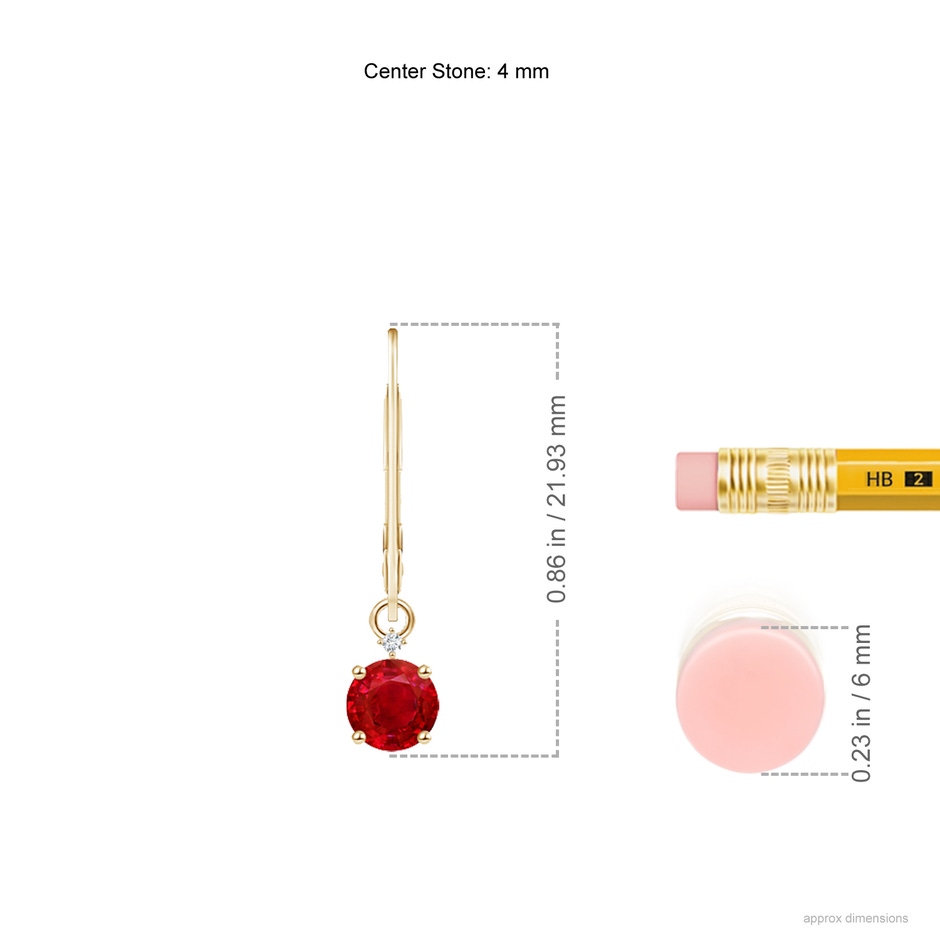 4mm AAA Solitaire Ruby Dangle Earrings with Diamond in 18K Yellow Gold ruler