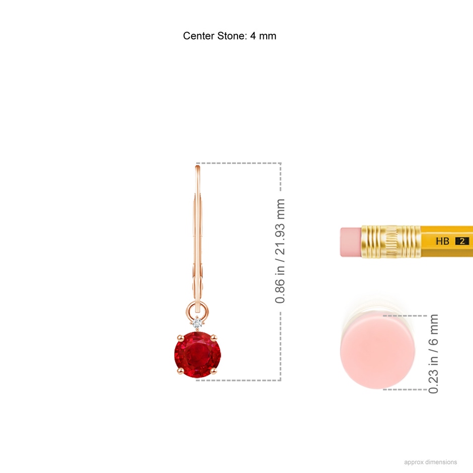 4mm AAA Solitaire Ruby Dangle Earrings with Diamond in Rose Gold ruler