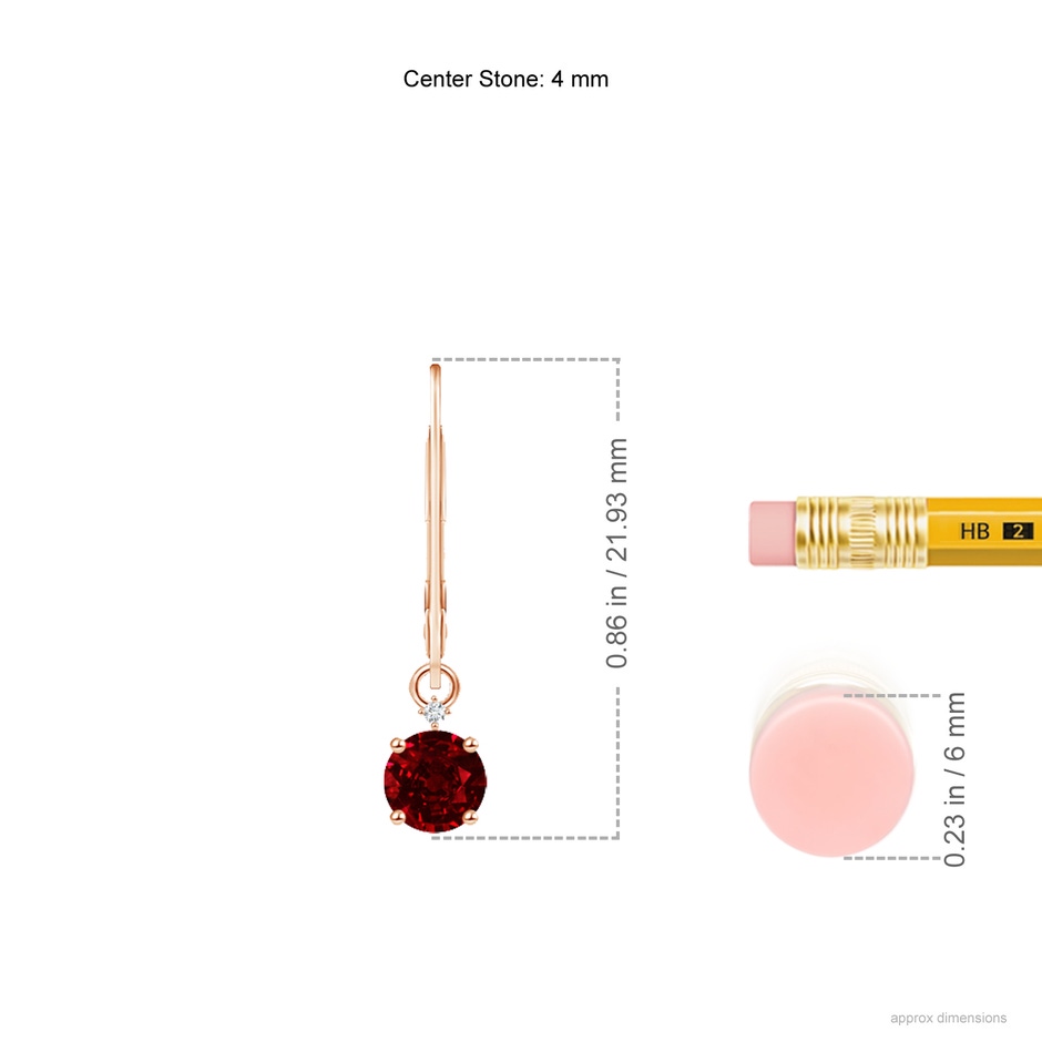 4mm AAAA Solitaire Ruby Dangle Earrings with Diamond in Rose Gold ruler