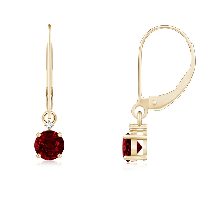 4mm AAAA Solitaire Ruby Dangle Earrings with Diamond in Yellow Gold 