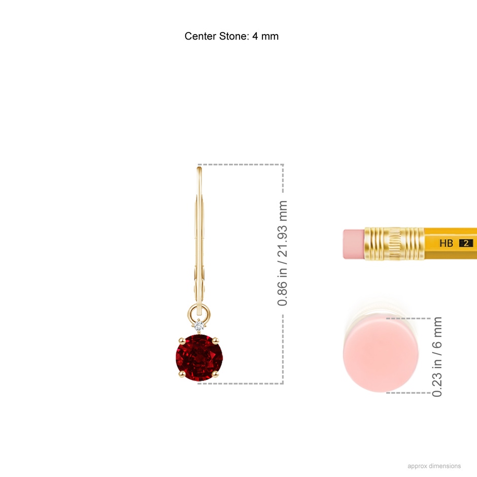 4mm AAAA Solitaire Ruby Dangle Earrings with Diamond in Yellow Gold ruler