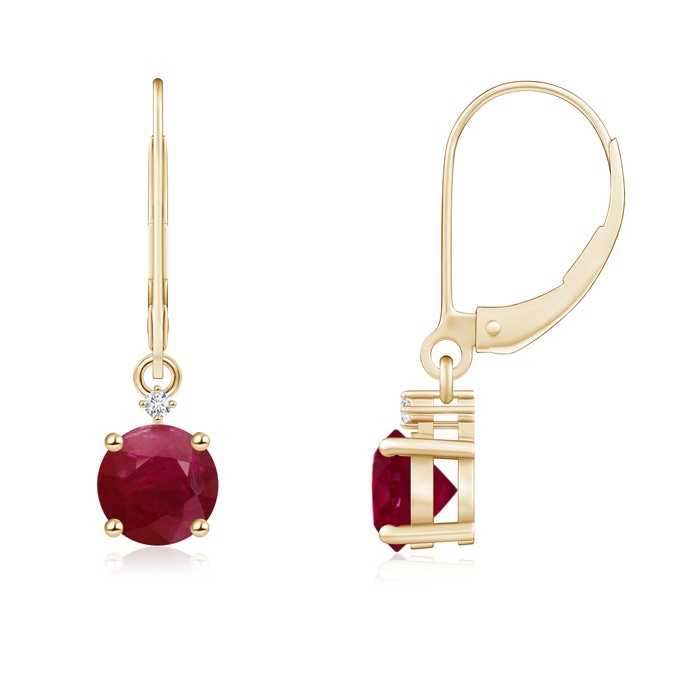 5mm A Solitaire Ruby Dangle Earrings with Diamond in Yellow Gold 