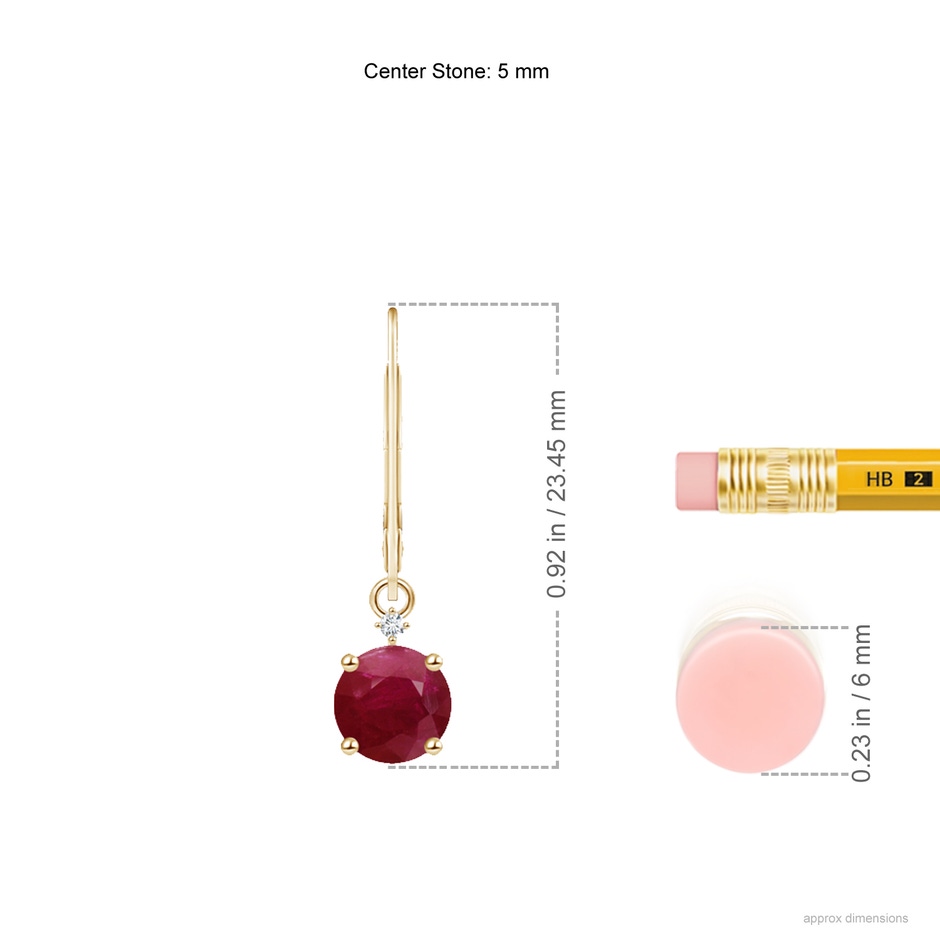 5mm A Solitaire Ruby Dangle Earrings with Diamond in Yellow Gold ruler
