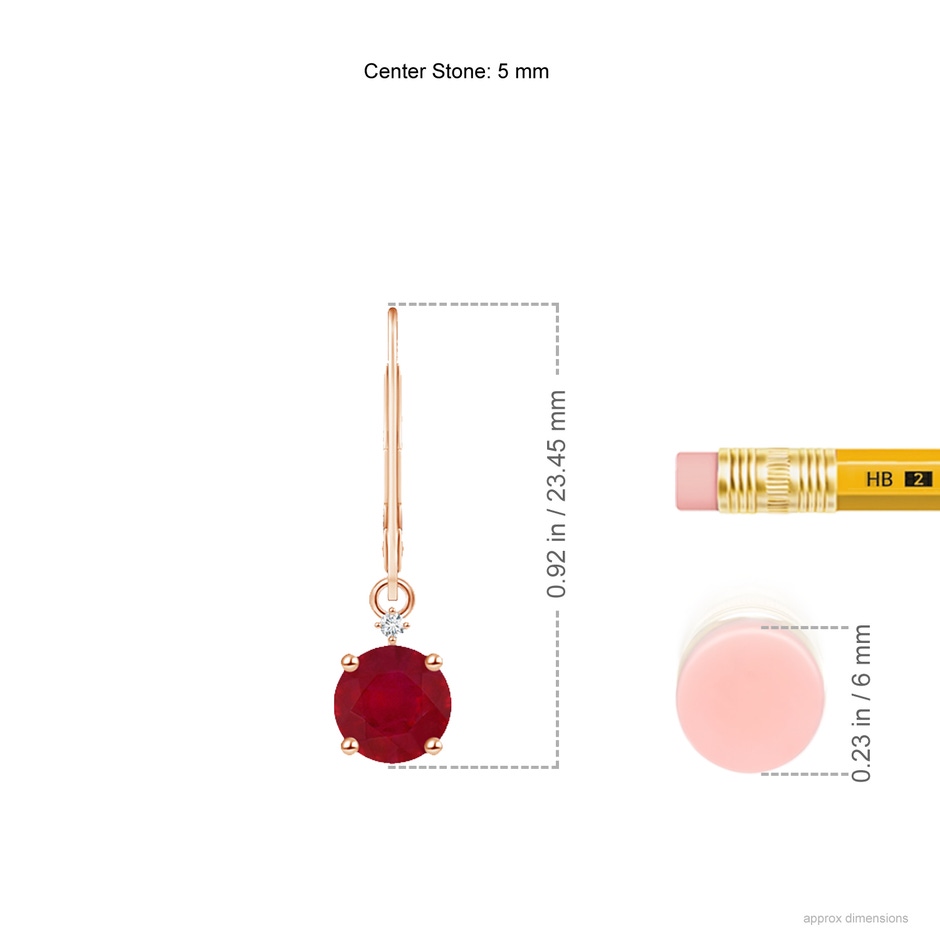 5mm AA Solitaire Ruby Dangle Earrings with Diamond in 18K Rose Gold ruler