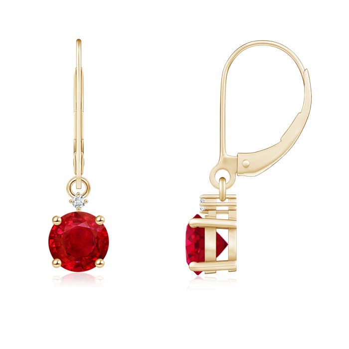 5mm AAA Solitaire Ruby Dangle Earrings with Diamond in 18K Yellow Gold