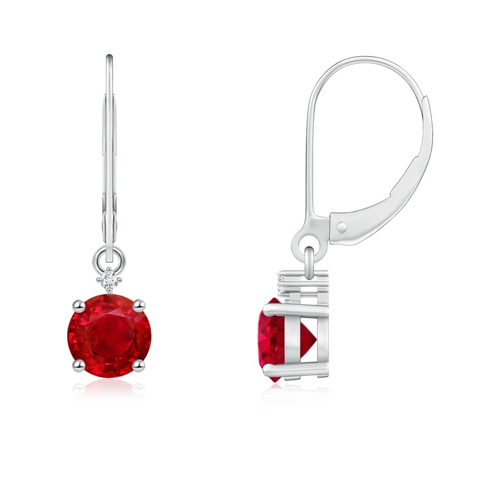 5mm AAA Solitaire Ruby Dangle Earrings with Diamond in White Gold 