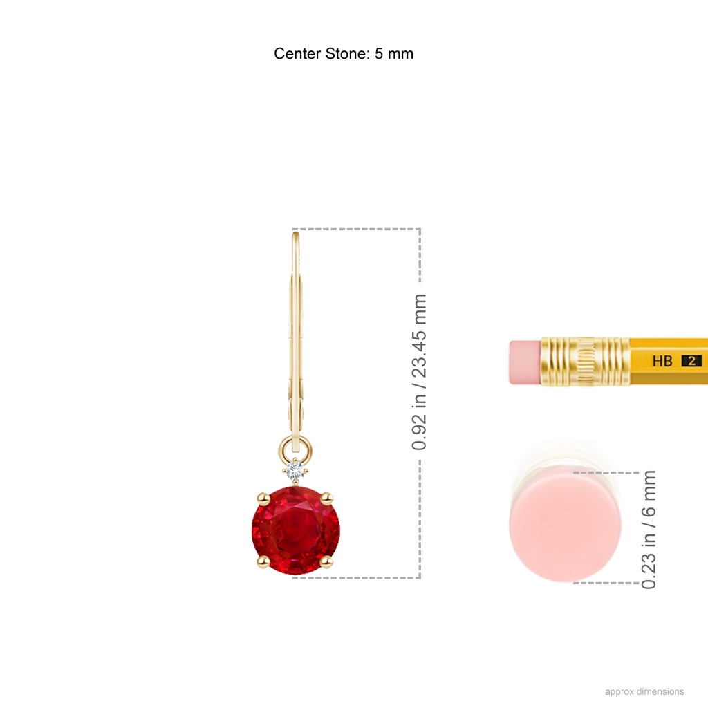 5mm AAA Solitaire Ruby Dangle Earrings with Diamond in Yellow Gold ruler