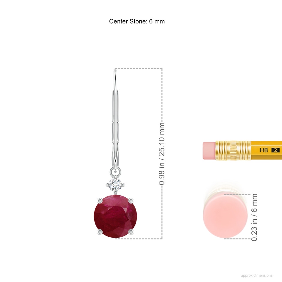 6mm A Solitaire Ruby Dangle Earrings with Diamond in White Gold ruler