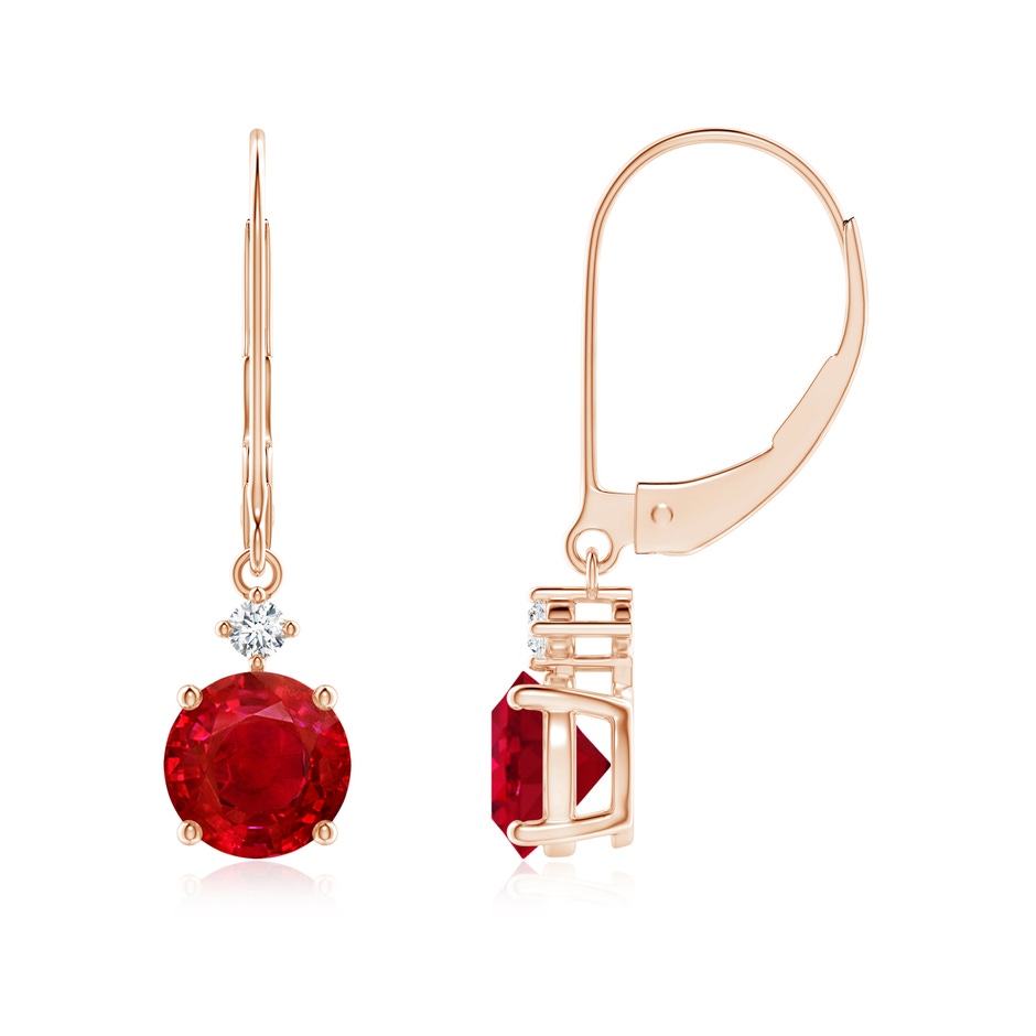 6mm AAA Solitaire Ruby Dangle Earrings with Diamond in Rose Gold 