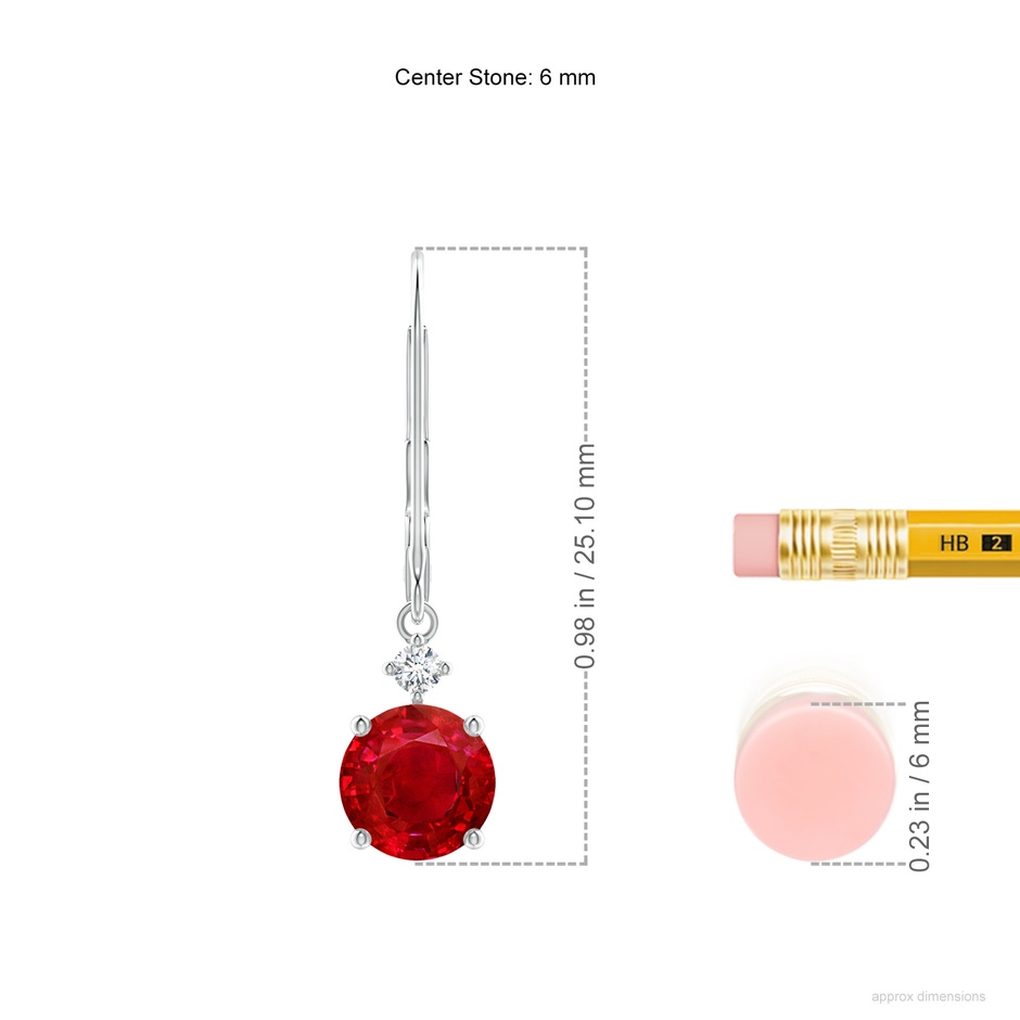 6mm AAA Solitaire Ruby Dangle Earrings with Diamond in White Gold ruler